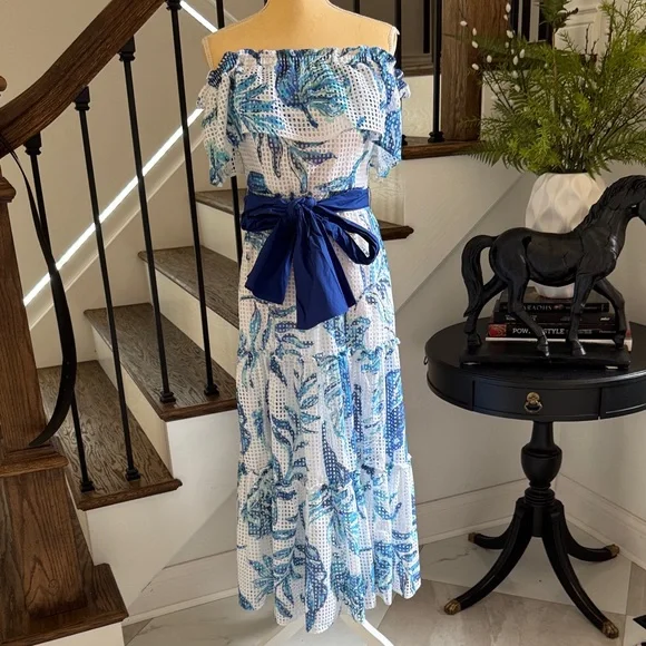 Lilly Pulitzer Blue and White Off-Shoulder Dress - Picture 1 of 6